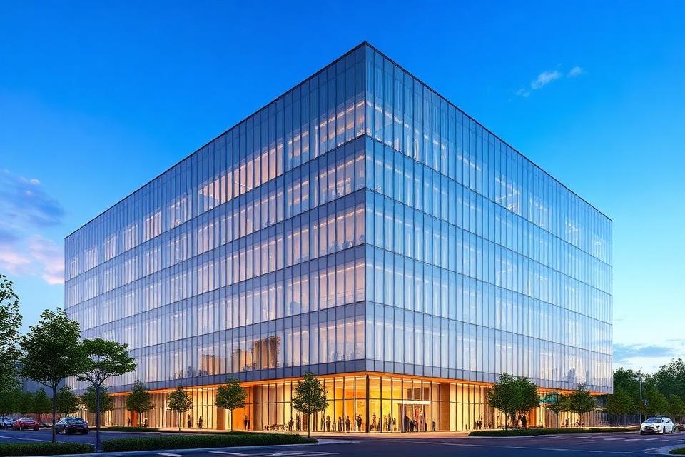 Modern glass office building rendering