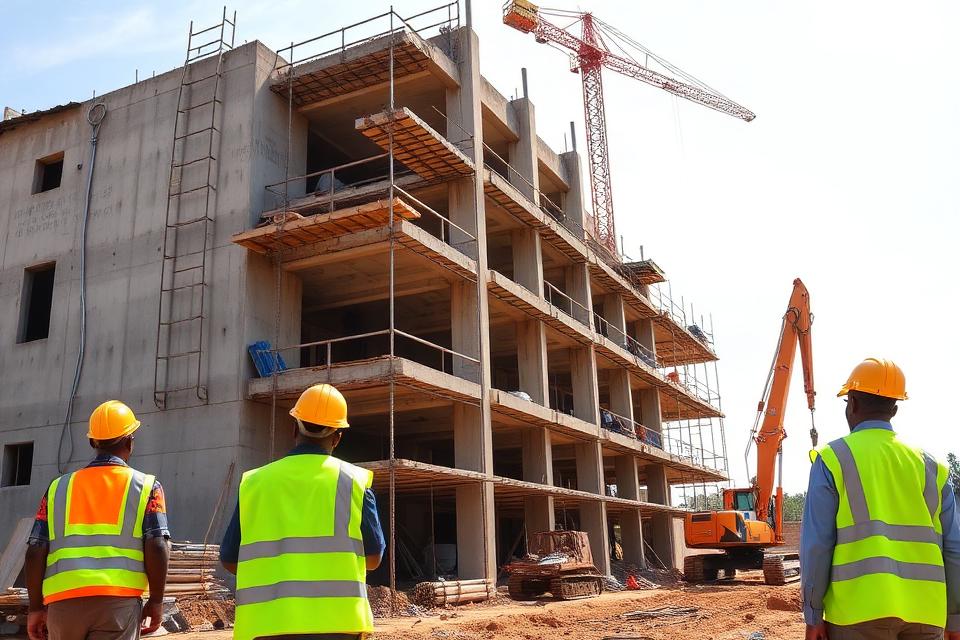 Construction site with workers and building under construction in Kigali