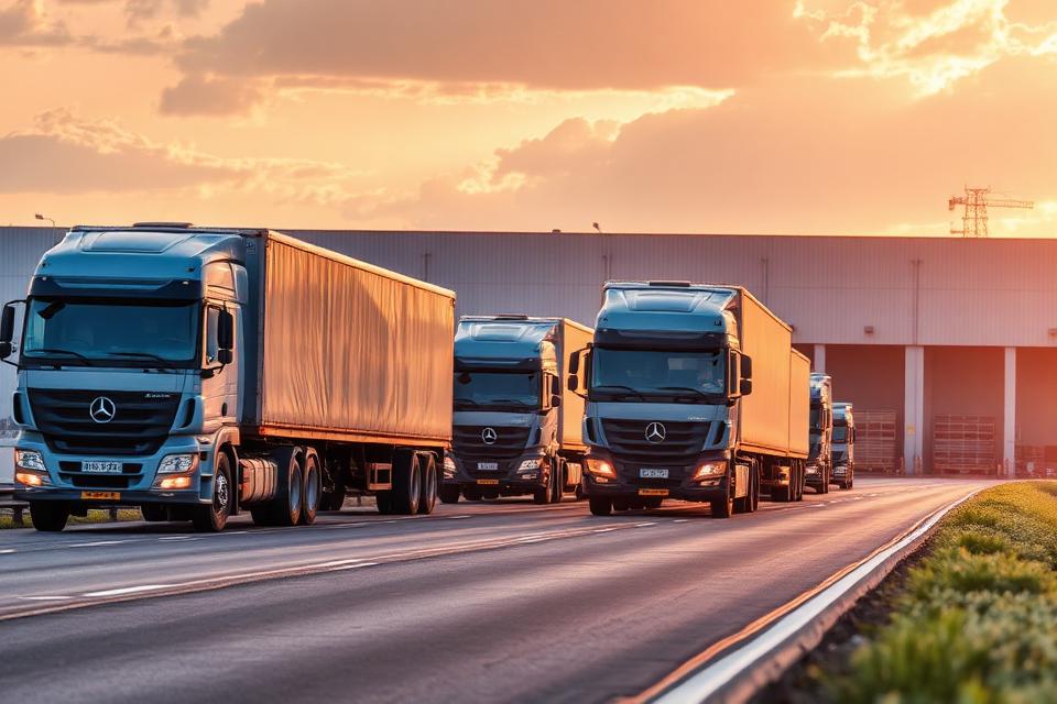 Cargo trucks on a highway at sunset
